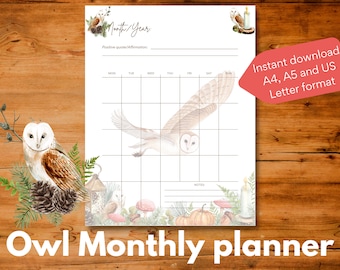 Peut inclure: Un planificateur mensuel imprimable sur le thème du hibou avec des illustrations à l'aquarelle de hiboux, de pommes de pin et de feuillage. Le planificateur comprend une grille de calendrier, un espace pour les notes et une section de citations positives. Le texte sur l'image indique "Owl Monthly planner".