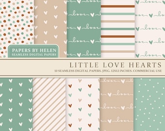 May include: Ten digital paper designs featuring a variety of patterns with hearts, stripes, and polka dots in shades of brown, green, and white. The text "LITTLE LOVE HEARTS" and "10 SEAMLESS DIGITAL PAPERS. JPEG. 12X12 INCHES. COMMERCIAL USE" is included in the image.