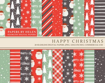 May include: Twenty digital paper designs featuring Christmas themes. The designs include red and white stripes, red and white plaid, snowflakes, Christmas trees, and Santa Claus. The papers are 12x12 inches and are for commercial use.