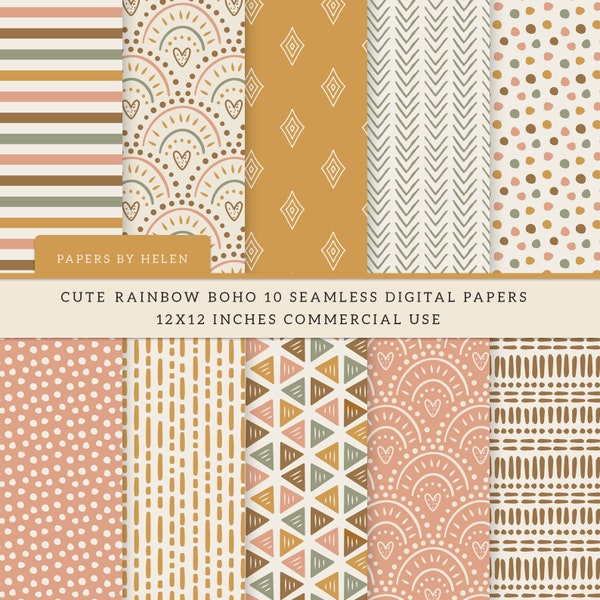 10 Boho Seamless Digital Papers, Boho Scrapbook Paper, Boho Backgrounds, Commercial Use Digital Paper,  Boho Patterns, Cute Boho 1