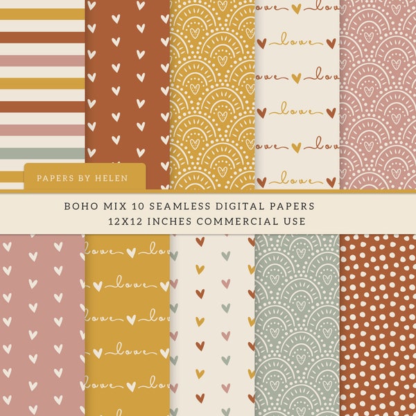 10 Boho Seamless Digital Papers, Boho Scrapbook Papier, Boho Hintergründe, Kommerzielle Nutzung Digitales Papier, Boho Muster, Boho Mix 2