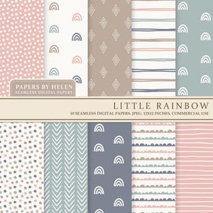 Op de afbeelding: Tien digitale papierontwerpen in een pastelkleurenpalet met geometrische en regenboogpatronen. De papieren zijn 12x12 inch en zijn voor commercieel gebruik.