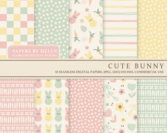 May include: Ten digital paper designs featuring cute bunny and Easter egg patterns in pastel colors. The patterns include polka dots, stripes, checkered, and floral designs.  The text "PAPERS BY HELEN SEAMLESS DIGITAL PAPERS" and "CUTE BUNNY 10 SEAMLESS DIGITAL PAPERS. JPEG. 12X12 INCHES. COMMERCIAL USE" is included in the image.