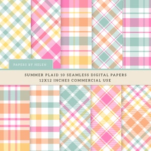 Puede incluir: Diez diseños de papel digital con patrones de cuadros en colores pastel, incluyendo rosa, amarillo, azul y naranja. Los papeles son de 12x12 pulgadas y son para uso comercial. "Summer Plaid 10 Seamless Digital Papers 12x12 Inches Commercial Use" está escrito en la imagen.