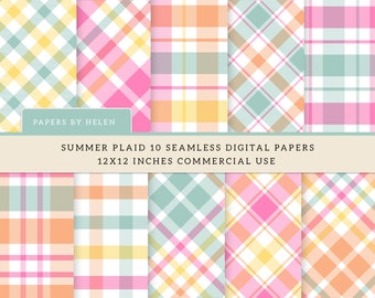 10 Summer Plaid, Seamless Spring Digital Papers, Plaid Scrapbook Paper, Tartan Backgrounds, Commercial Use, Spring, Summer Plaid