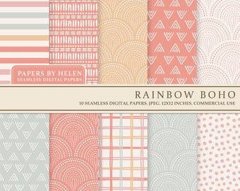 May include: Set of 10 digital papers featuring a rainbow boho theme. The papers include various patterns in shades of pink, peach, gray, and white. The patterns include stripes, polka dots, geometric shapes, and abstract designs. The papers are 12x12 inches and are perfect for crafting, scrapbooking, and digital design.