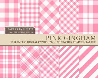 Gingham Pink Seamless Digital Papers, Scrapbook papers, Pink Plaid Backgrounds,  Printable picnic Gingham Patterns