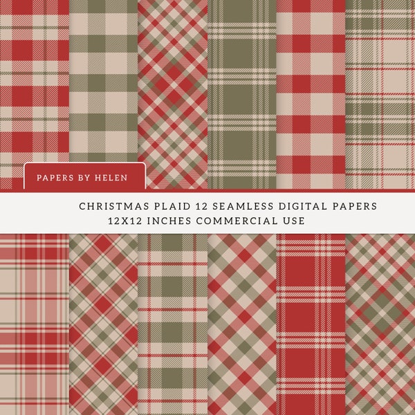 12 Christmas Plaid, Seamless Christmas Digital Papers, Christmas Scrapbook Paper, Tartan Backgrounds, Commercial Use, Red, Green,  Plaid 01