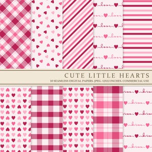 May include: Ten digital paper designs featuring pink and red hearts, stripes, and plaid patterns. The papers are 12x12 inches and are for commercial use.