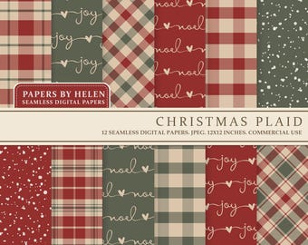 May include: Twelve digital paper designs featuring a Christmas plaid pattern in red, green, and cream. The papers include various patterns, including a solid red with white polka dots, a red and cream plaid, a green and cream plaid, and a green plaid with the word "noel" written in cursive. The papers are 12x12 inches and are for commercial use.