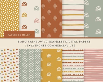 10 Boho Seamless Digital Papers, Boho Scrapbook Paper, Boho Backgrounds, Commercial Use Digital Paper,  Boho Patterns, Boho Rainbow 01