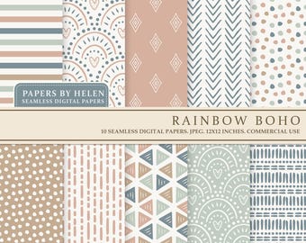 May include: A collection of ten seamless digital papers with a Rainbow Boho theme. The patterns include stripes, dots, chevrons, and geometric shapes in muted tones of beige, pink, and blue. Each paper is 12x12 inches.