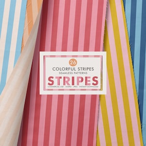 May include: A collection of colorful striped fabric samples in various shades of pink, red, yellow, blue, and peach. A white rectangular card with the text "26 Colorful Stripes Seamless Patterns" and the word "Stripes" is centered on the fabric.