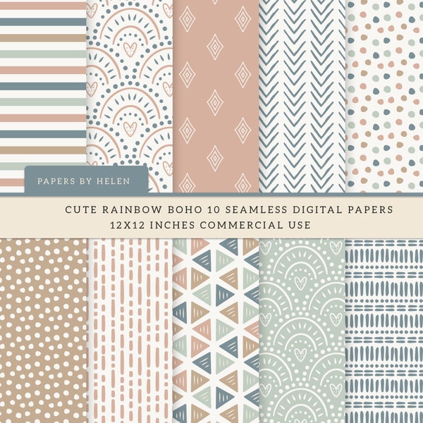 10 Boho Seamless Digital Papers, Boho Scrapbook Paper, Boho Backgrounds, Commercial Use Digital Paper,  Boho Patterns, Cute Boho 5