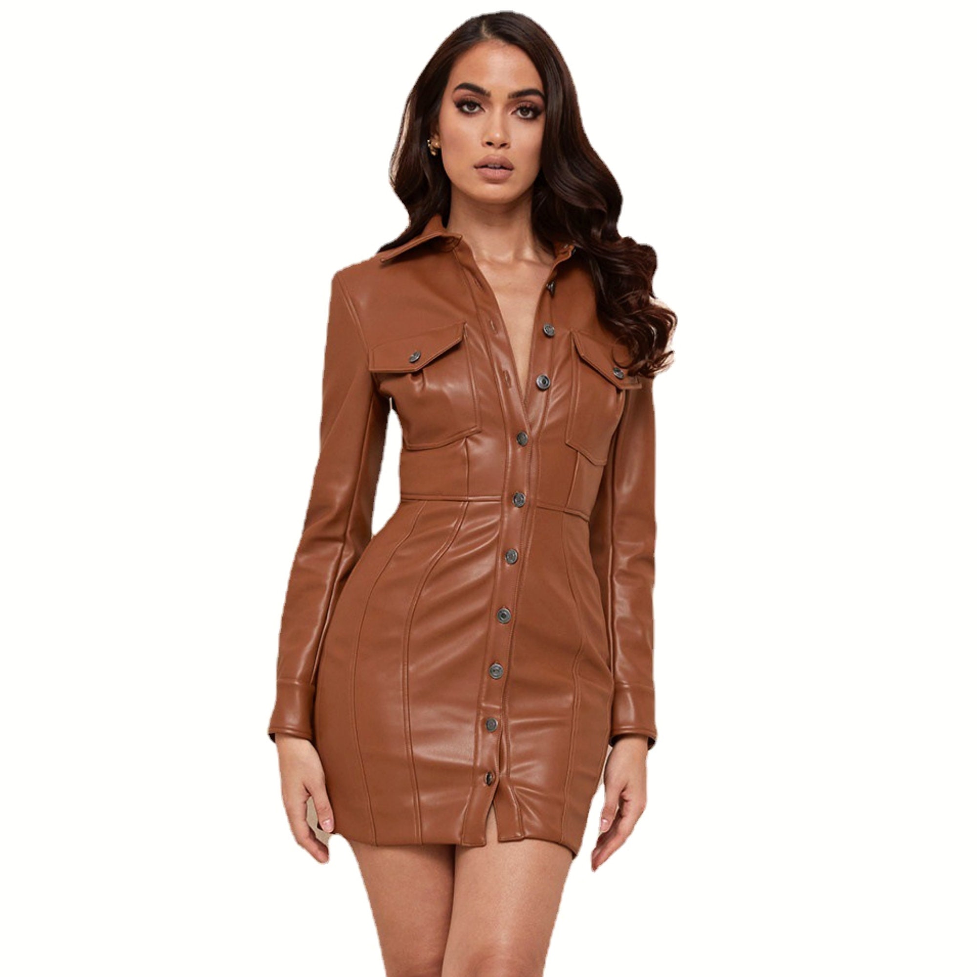 Brown PU Leather Lapel Collar One-piece 