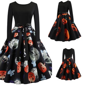 Halloween Pumpkin Vintage Women's Dress, Long Sleeve Mid Length Princess Dress, Festive Ladies Costume