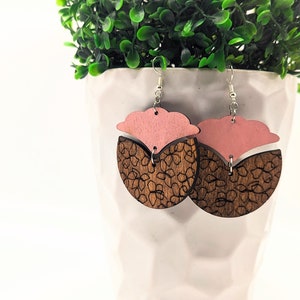 Wooden Floral Lightweight Earrings/ Light Pink Flower Earrings for Valentine&#39;s/ Lightweight Wooden Pink Floral Earrings