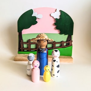 Farm Animal Peg Dolls/ Farmer Peg Doll Set/ Old Mcdonald Farm Set Toys/ Barn Yard Animals Wooden Toys/ Farmer Wooden Toys