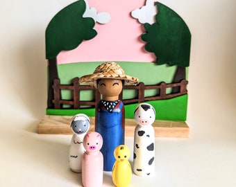 Farm Animal Peg Dolls/ Farmer Peg Doll Set/ Old Mcdonald Farm Set Toys/ Barn Yard Animals Wooden Toys/ Farmer Wooden Toys