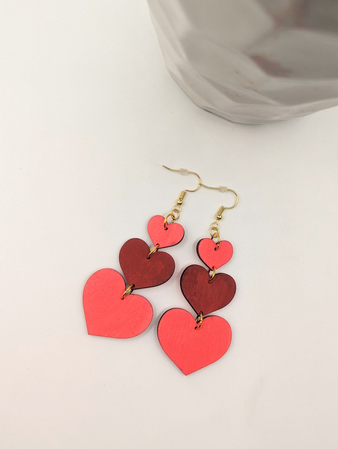 Adorable Pink Heart Earrings/ Laser Cut Wooden Valentine's Earrings/ Colorful Heart Earrings for