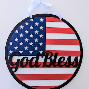 American Flag Door Decoration/ Fourth Of July Wood Door Decoration/ God Bless / God Bless America Door Wreath/ Laser Engraved American Flag