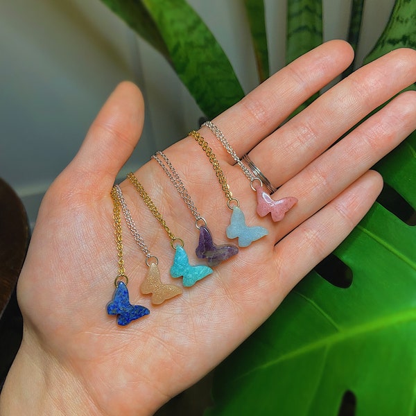 crystal butterfly necklaces, amazonite, amethyst, aquamarine, lapis lazuli, rhodonite, rose quartz, tiger's eye, unakite, gift for her, cute