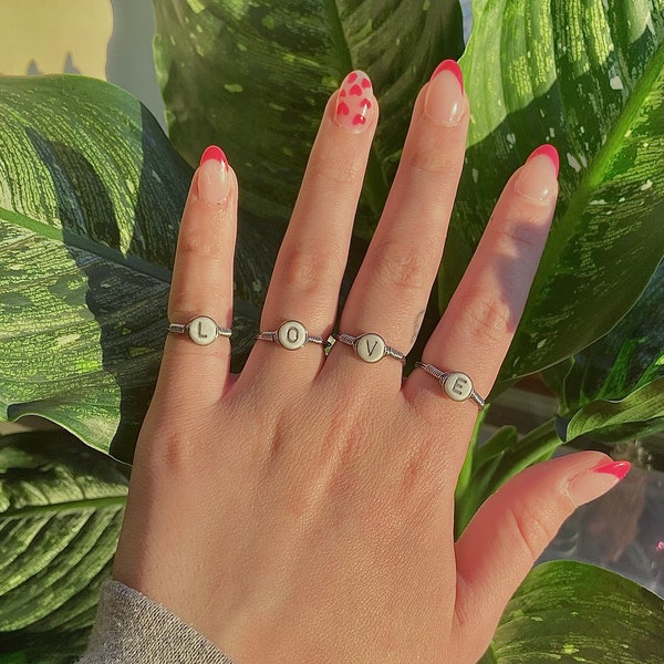 silver wire-wrapped letter rings, handmade rings, handmade, gemstone, initial, rings for women, gift for her, dainty rings, customizable