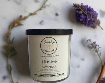 Homme Soy Wax Candle | 8.5 oz All-Natural Scented Candle | Sandalwood, Cedarwood, Patchouli | Warm Cinnamon & Vanilla Aroma