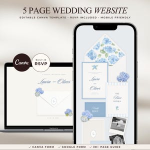 Dusty Blue Wedding Website with RSVP, Editable Canva Digital Invitation Template, Floral Hydrangeas Evite