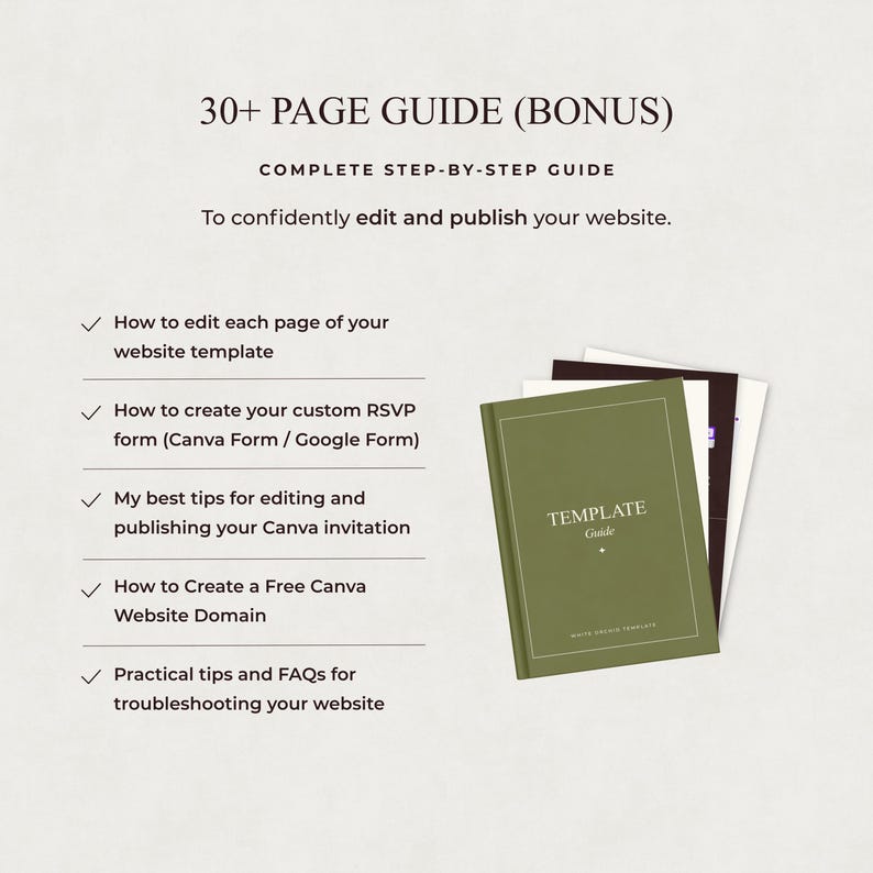 May include: A 30+ page guide with a green cover titled Template Guide. The text reads: 30+ PAGE GUIDE (BONUS), COMPLETE STEP-BY-STEP GUIDE, To confidently edit and publish your website, and lists five steps for editing, RSVP forms, Canva tips, domains, and FAQs.