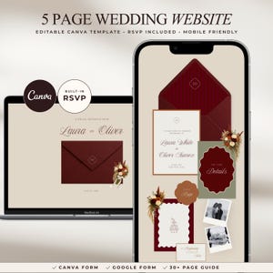 Canva Wedding Website Template with RSVP, Burgundy & Terracotta Digital Wedding Invitation, Fall Wedding Website