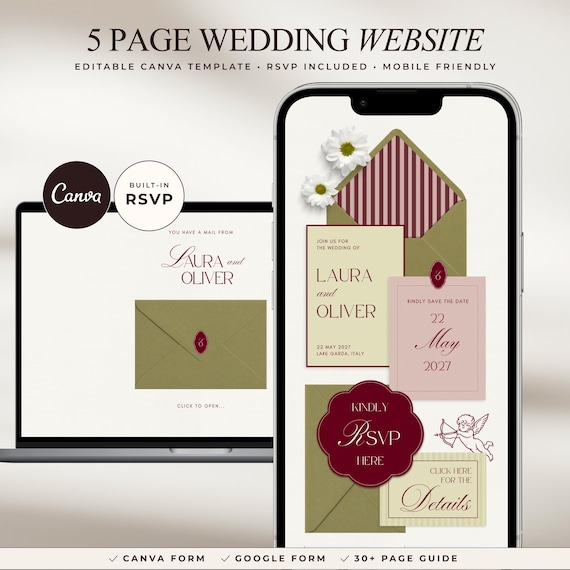 Canva Wedding Website Template with RSVP | Editable Olive & Burgundy Invitation | Minimalist Digital Invite for Modern Wedding
