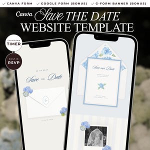 May include: Two smartphones display a digital Save the Date website template featuring blue hydrangea illustrations, envelope graphics, and text including Save the Date, Countdown Timer, and Built-in RSVP. The design includes a photo placeholder.