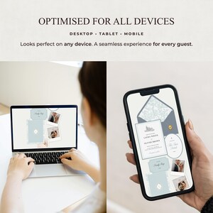 May include: A laptop and a smartphone displaying a digital wedding invitation suite with light blue and grey accents. The screen shows text including OPTIMISED FOR ALL DEVICES, DESKTOP, TABLET, MOBILE, and names Laura White and Oliver Brown.