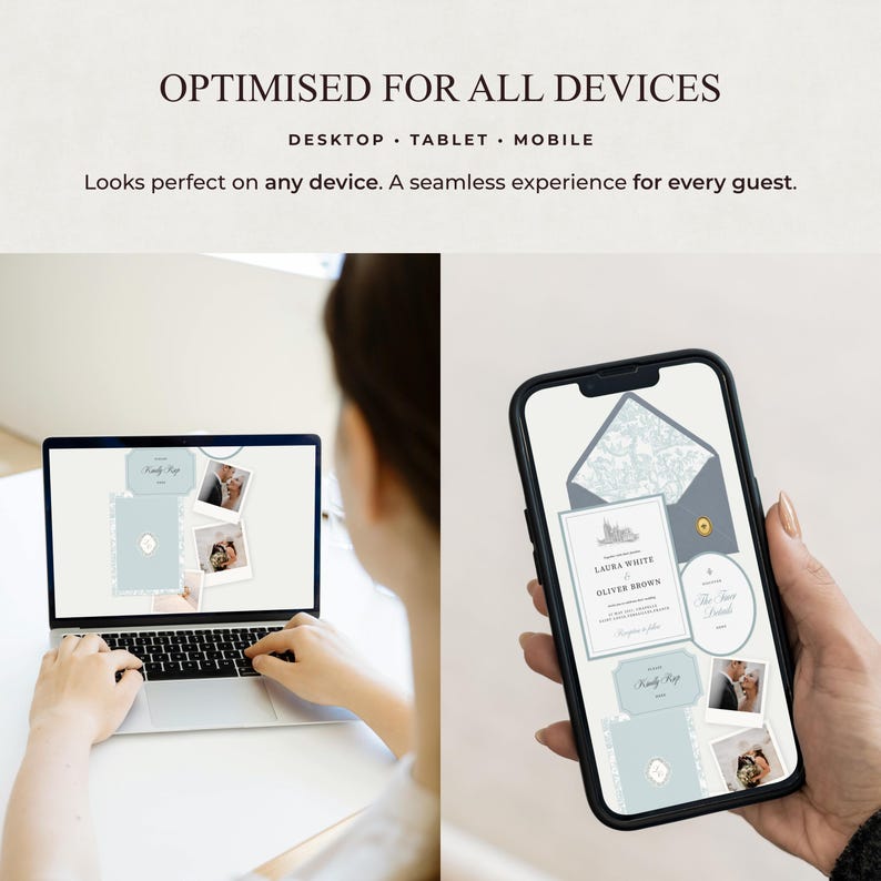 May include: A laptop and a smartphone displaying a digital wedding invitation suite with light blue and grey accents. The screen shows text including OPTIMISED FOR ALL DEVICES, DESKTOP, TABLET, MOBILE, and names Laura White and Oliver Brown.