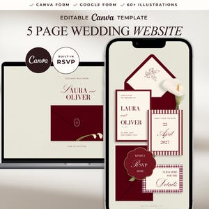 Plantilla de sitio web de boda de Canva con RSVP, invitación de boda digital en burdeos y crema, sitio web de boda editorial