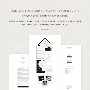 May include: A digital event invitation suite featuring a central layout with black envelopes, white cards, and a calla lily. Text includes ONE LINK FOR EVERYTHING ABOUT YOUR EVENT, RSVP, DRESS CODE, REGISTRY, and details for Laura and Oliver.