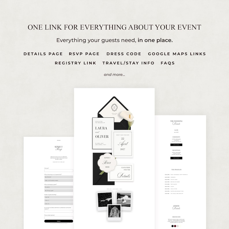 May include: A digital event invitation suite featuring a central layout with black envelopes, white cards, and a calla lily. Text includes ONE LINK FOR EVERYTHING ABOUT YOUR EVENT, RSVP, DRESS CODE, REGISTRY, and details for Laura and Oliver.