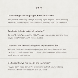 May include: An FAQ document with black text on a light background. It addresses questions about changing languages, adding external links, editing preview images, and Canva Pro requirements for a wedding website invitation template.