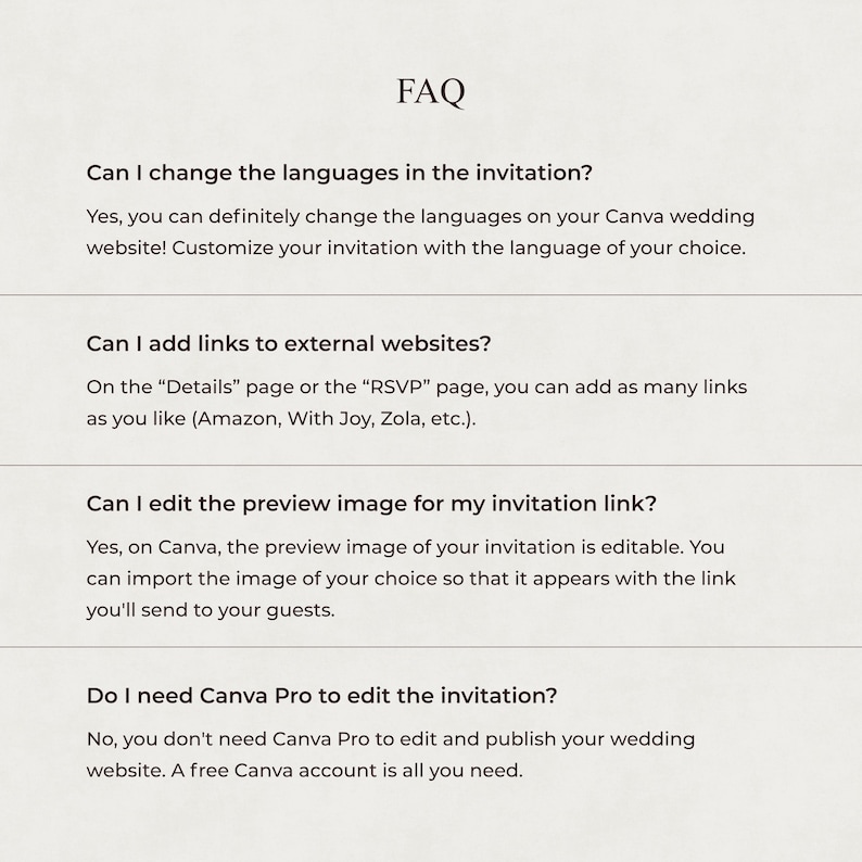 May include: An FAQ document with black text on a light background. It addresses questions about changing languages, adding external links, editing preview images, and Canva Pro requirements for a wedding website invitation template.