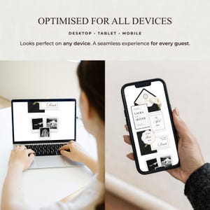 May include: A laptop and a smartphone displaying a digital wedding invitation suite. The screen text reads OPTIMISED FOR ALL DEVICES, DESKTOP, TABLET, MOBILE, and Looks perfect on any device. A seamless experience for every guest. The invitation features black envelopes and white cards.