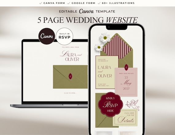 Canva Wedding Website Template with RSVP | Editable Olive & Burgundy Invitation | Minimalist Digital Invite for Modern Wedding