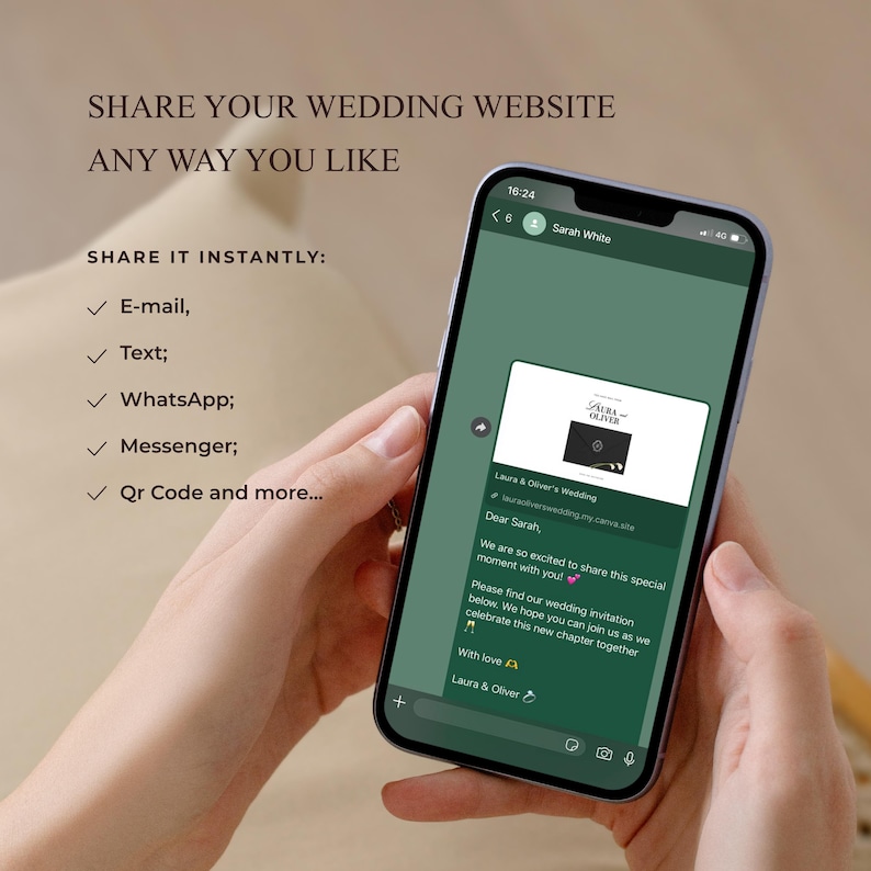 May include: A smartphone displaying a green messaging interface with a wedding invitation link. Text on screen reads: SHARE YOUR WEDDING WEBSITE ANY WAY YOU LIKE. SHARE IT INSTANTLY: E-mail, Text, WhatsApp, Messenger, Qr Code and more.