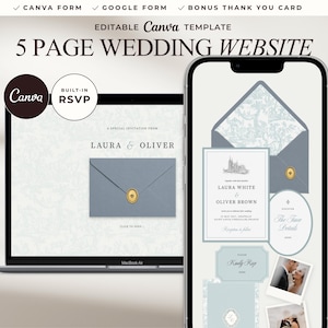 May include: An editable 5-page wedding website template displayed on a laptop and smartphone screen. The design features blue envelopes with gold wax seals, wedding invitation text for Laura and Oliver, and photo placeholders on a light background.