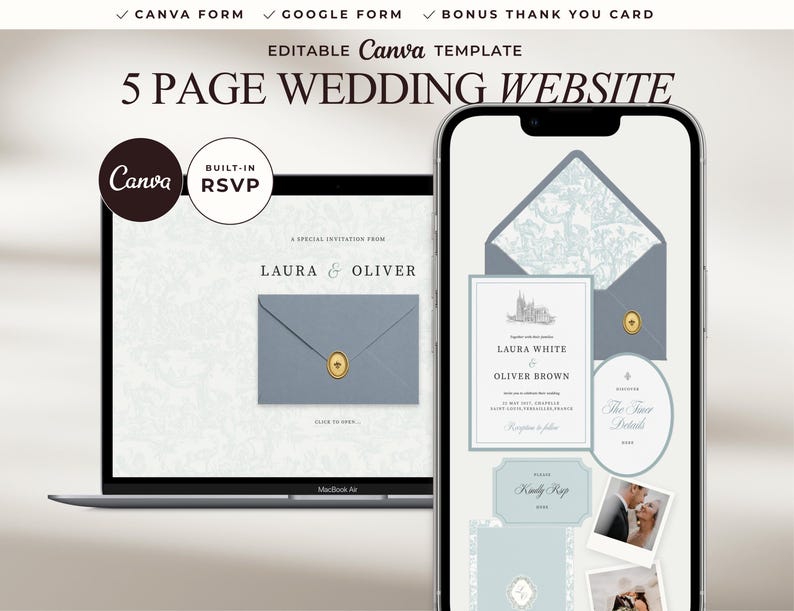 May include: An editable 5-page wedding website template displayed on a laptop and smartphone screen. The design features blue envelopes with gold wax seals, wedding invitation text for Laura and Oliver, and photo placeholders on a light background.