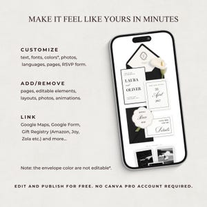 May include: A smartphone displaying a digital wedding invitation template with black envelopes, white cards, and floral accents. Text on the screen includes customization options for text, fonts, colors, photos, and links to Google Maps and gift registries.