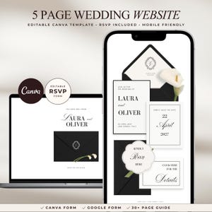 Peut inclure: Un modèle de site web de mariage de 5 pages Canva affiché sur un écran d'ordinateur portable et de smartphone. Le design présente des enveloppes noires, des cartes d'invitation blanches avec typographie serif et des lys calla. Texte : Laura et Oliver.