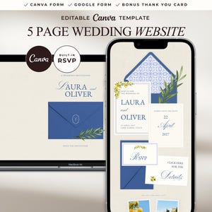 May include: An editable Canva template for a 5-page wedding website displayed on a laptop and smartphone. The design features blue envelopes, lemon illustrations, and text including Laura and Oliver, RSVP, and 22 April 2027, Lake Garda, Italy.