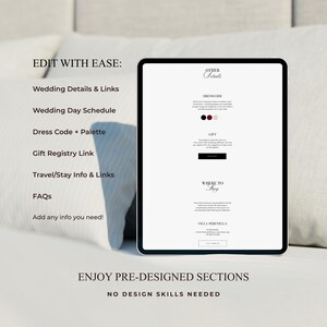 May include: A digital tablet displaying a wedding information webpage with sections for dress code, gift registry, and travel details. The screen features black text on a white background, including headings like Other Details, Dresscode, Gift, and Where to Stay.