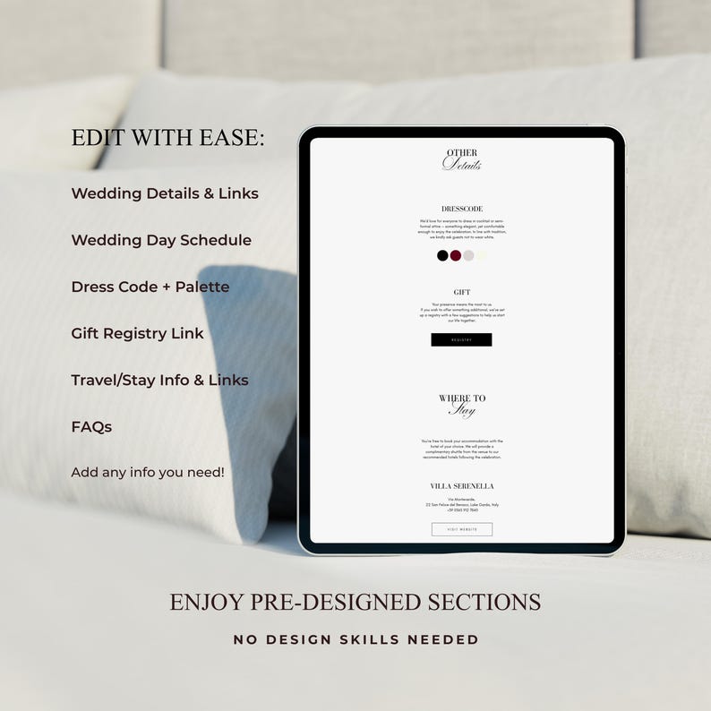 May include: A digital tablet displaying a wedding information webpage with sections for dress code, gift registry, and travel details. The screen features black text on a white background, including headings like Other Details, Dresscode, Gift, and Where to Stay.